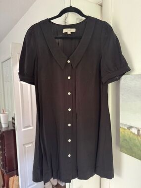 LOFT Black Short-Sleeve Button-Front Mini Dress with V-Collar